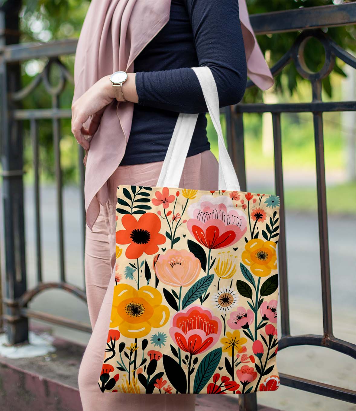 Beautiful Flower White Printed Tote Bag (14 X 16 Inches) For Shopping, College, Travel