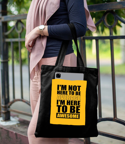 I  am not here Design Printed Black With Pocket Tote Bag (14 X 16 Inches) For Shopping, College, Travel