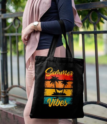 Summer Vibes Printed Black Tote Bag (14 X 16 Inches) For Shopping, College, Travel