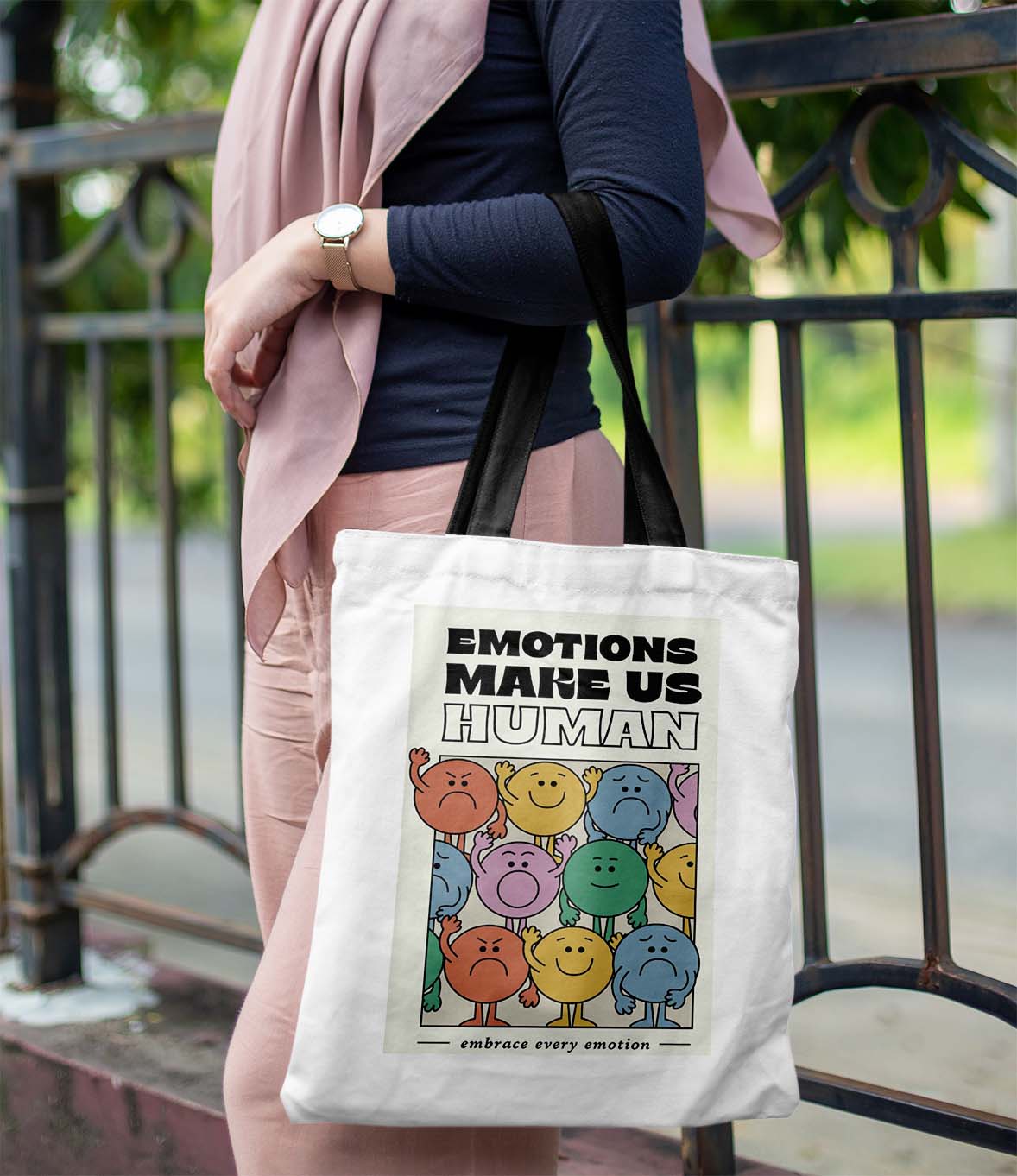Emotion makes us Human Printed Black Handle Tote Bag (14 X 16 Inches) For Shopping, College, Travel