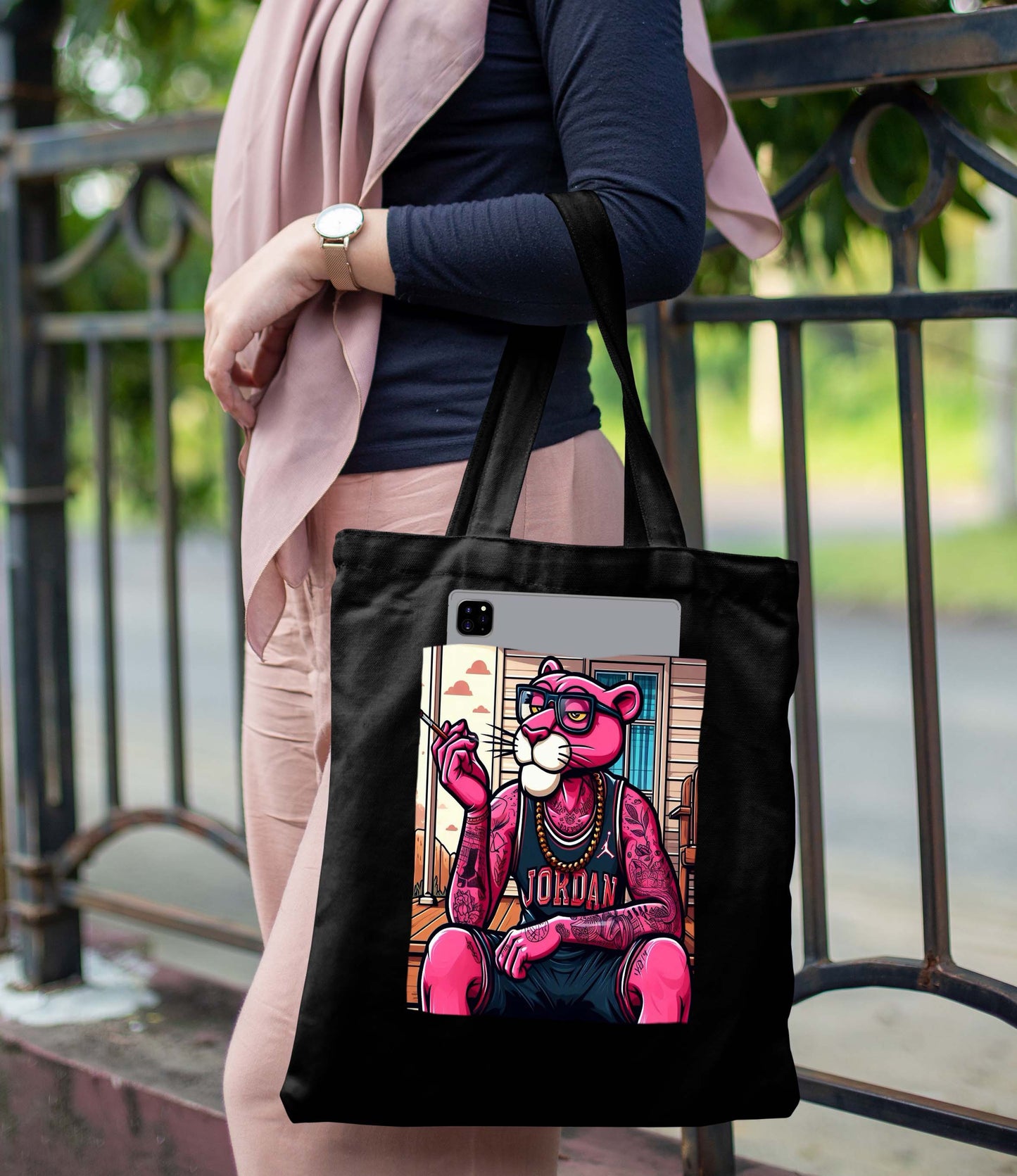 Pink panther Design Printed Black With Pocket Tote Bag (14 X 16 Inches) For Shopping, College, Travel