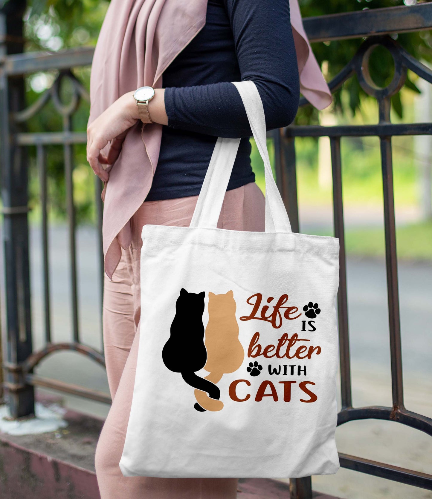 Life IS better with cats Printed Design Tote Bag with Pouch Bag (14 X 16 Inches) For Shopping, College, Travel