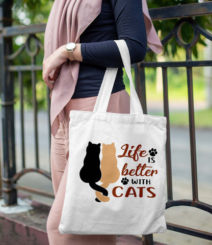 Life IS better with cats Printed Design Tote Bag with Pouch Bag (14 X 16 Inches) For Shopping, College, Travel