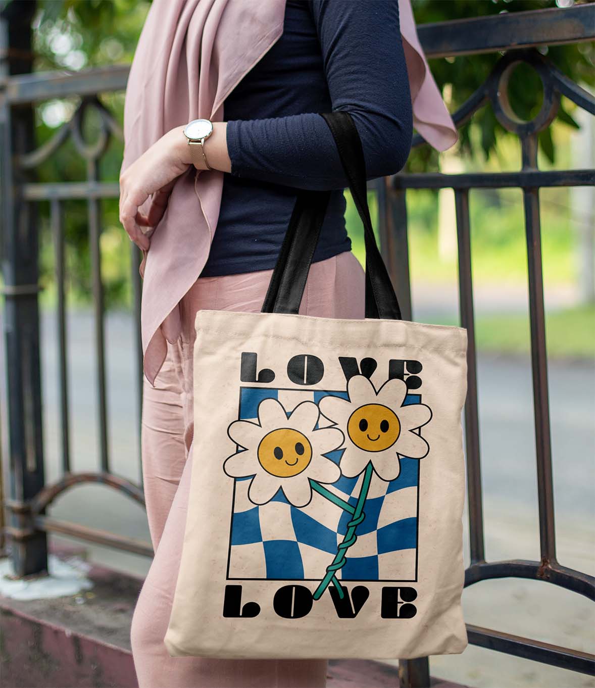 Love Flower Printed Black Handle Tote Bag (14 X 16 Inches) For Shopping, College, Travel