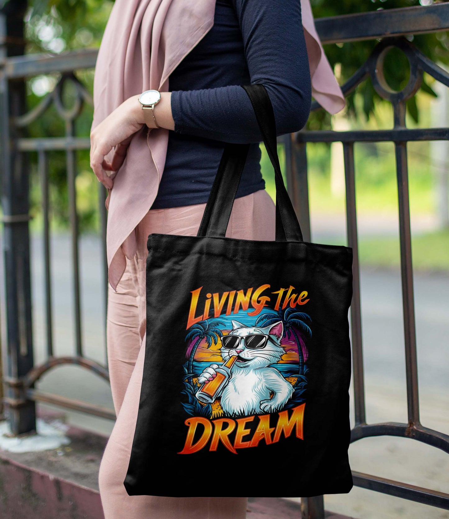 Living The Dreams Printed Black Tote Bag (14 X 16 Inches) For Shopping, College, Travel