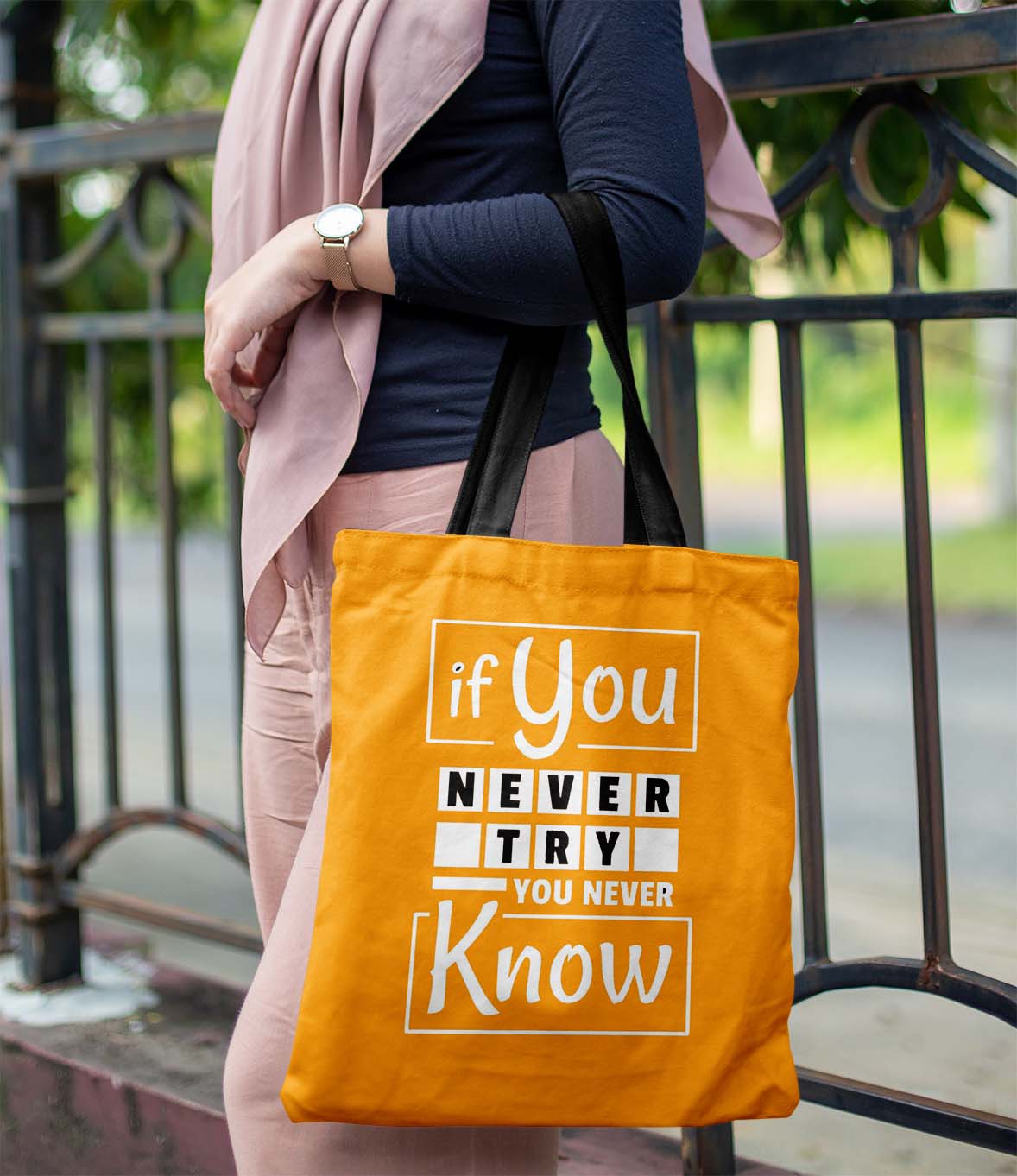 If You Never Try Printed Black-Orange Tote Bag (14 X 16 Inches) For Shopping, College, Travel