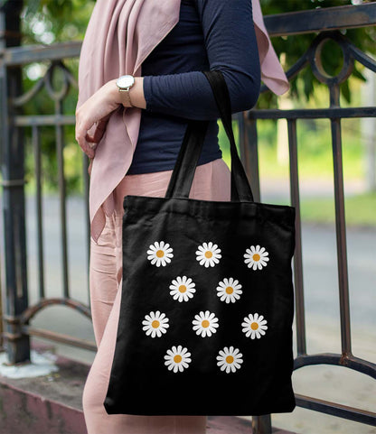 White Flower Printed Black Tote Bag (14 X 16 Inches) For Shopping, College, Travel
