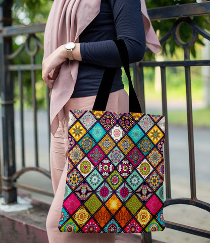 Mandala Design  Printed Black Handle Tote Bag (14 X 16 Inches) For Shopping, College, Travel