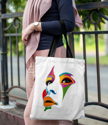 Paint Girl Face Printed Black Handle Tote Bag (14 X 16 Inches) For Shopping, College, Travel