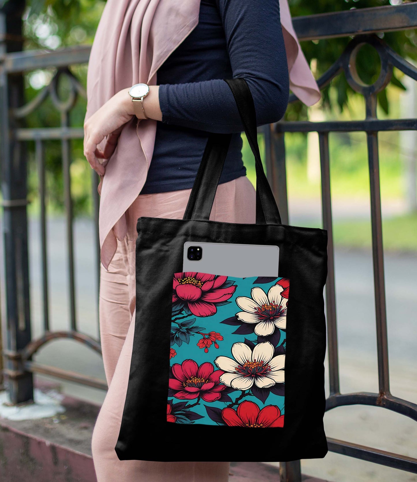 Flower 2 Design Printed Black With Pocket Tote Bag (14 X 16 Inches) For Shopping, College, Travel