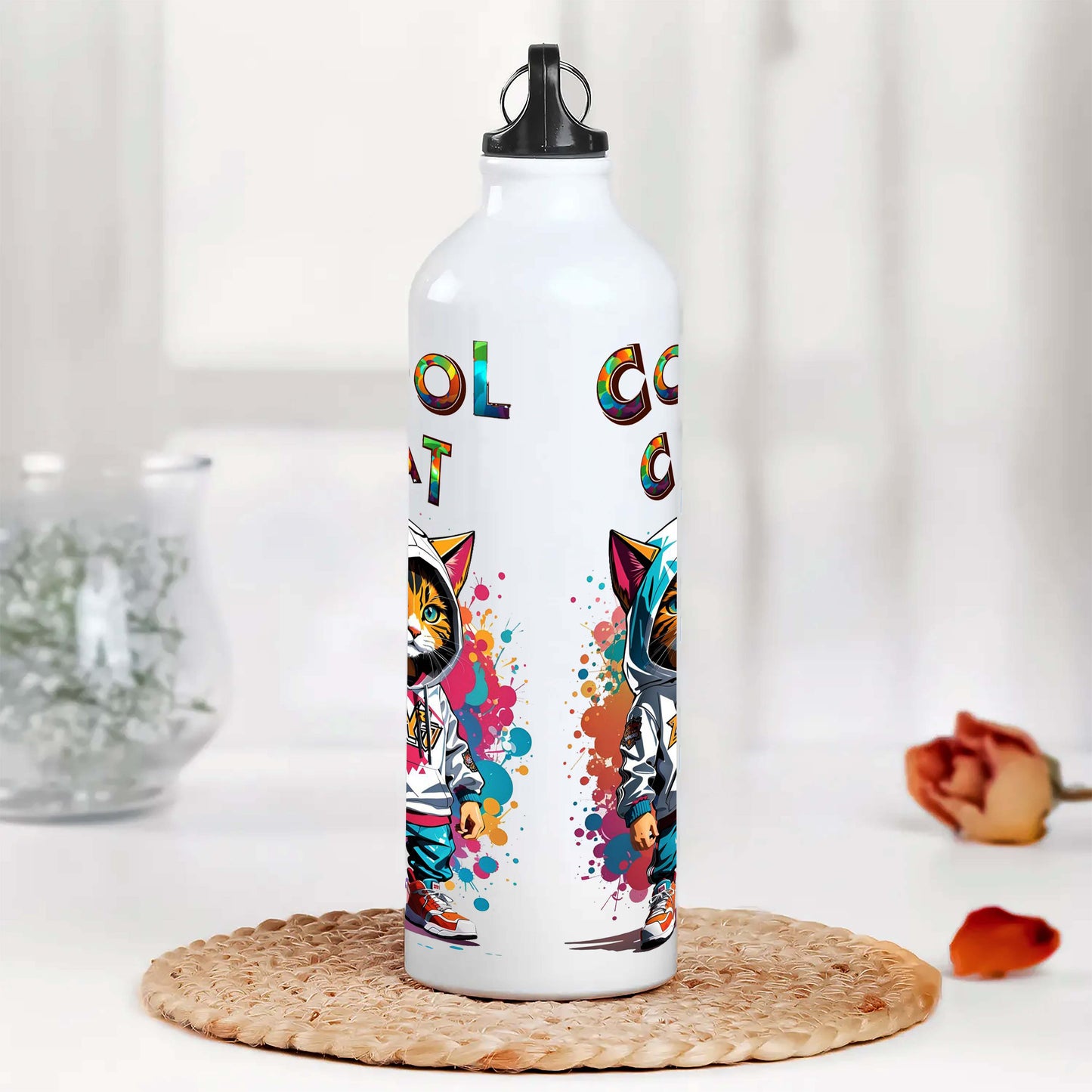 Cool Cat Printed Aluminum Sipper Water Bottle 750 ml For Gym, Yoga, Kids, Boys, Girls, Brother, Sister, Babies, Baby, Workout, Adults