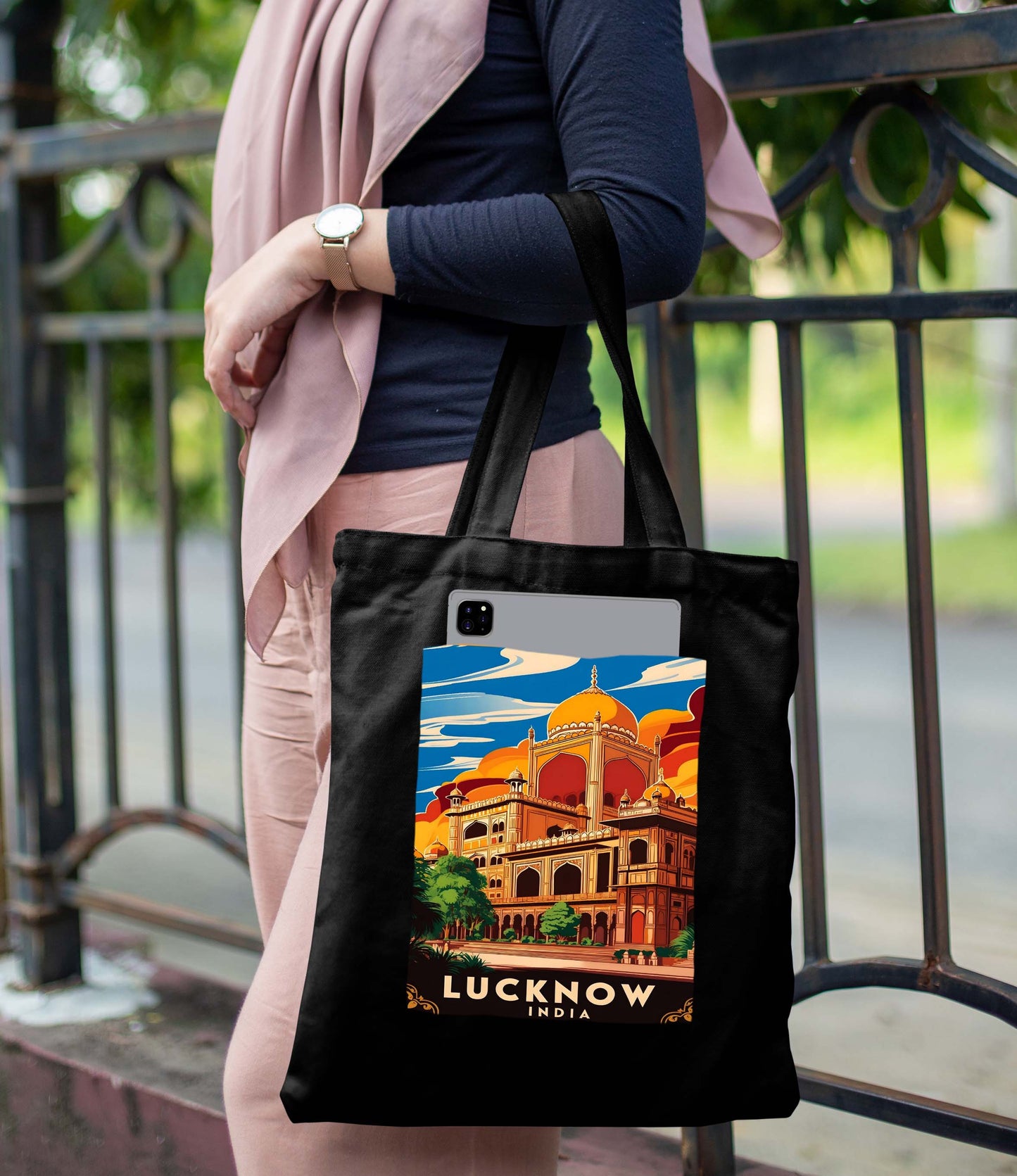 Lucknow India Design Printed Black With Pocket Tote Bag (14 X 16 Inches) For Shopping, College, Travel