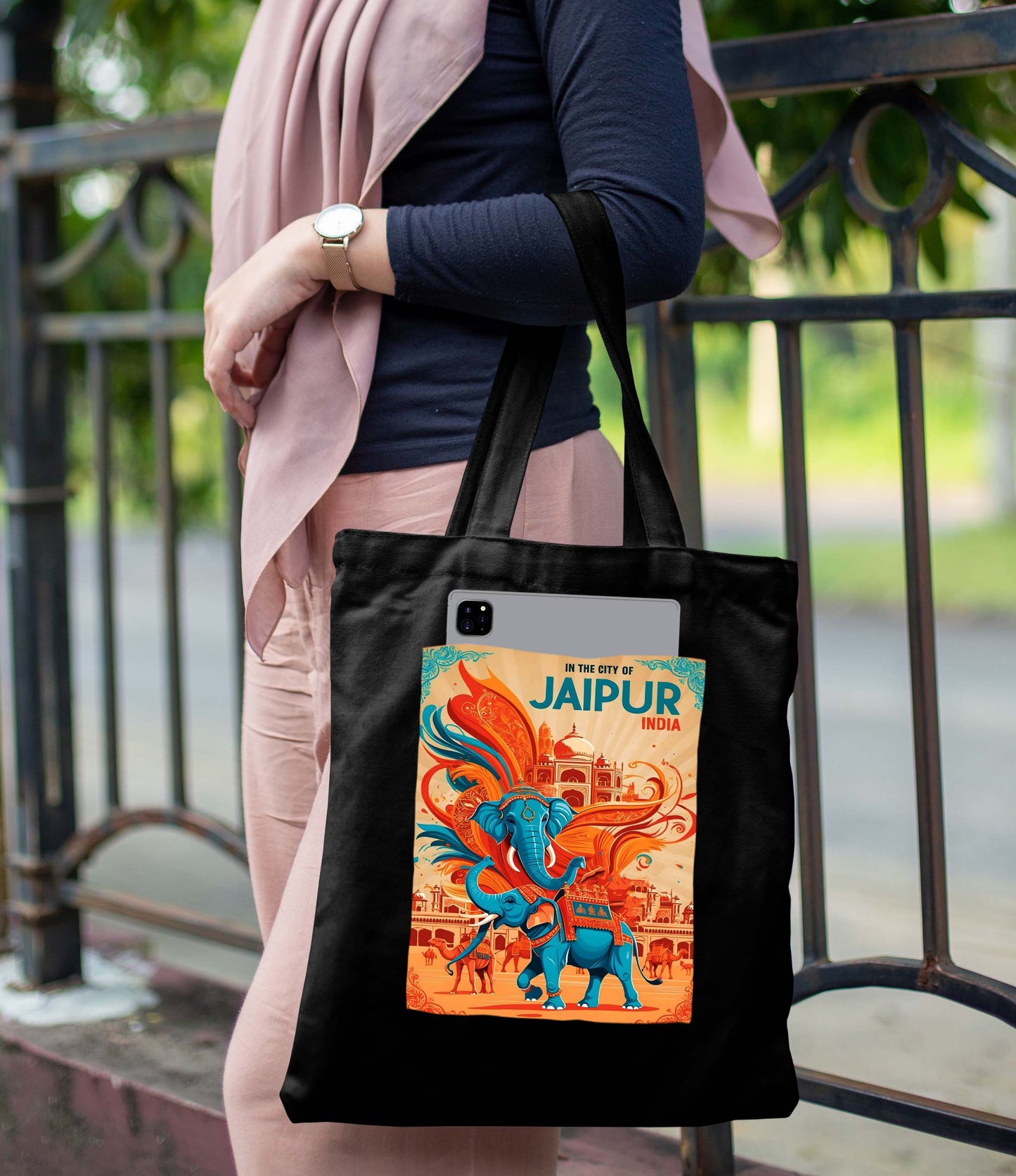 Jaipur India Design Printed Black With Pocket Tote Bag (14 X 16 Inches) For Shopping, College, Travel