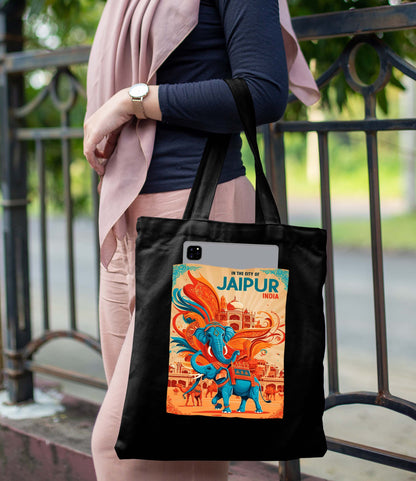 Jaipur India Design Printed Black With Pocket Tote Bag (14 X 16 Inches) For Shopping, College, Travel