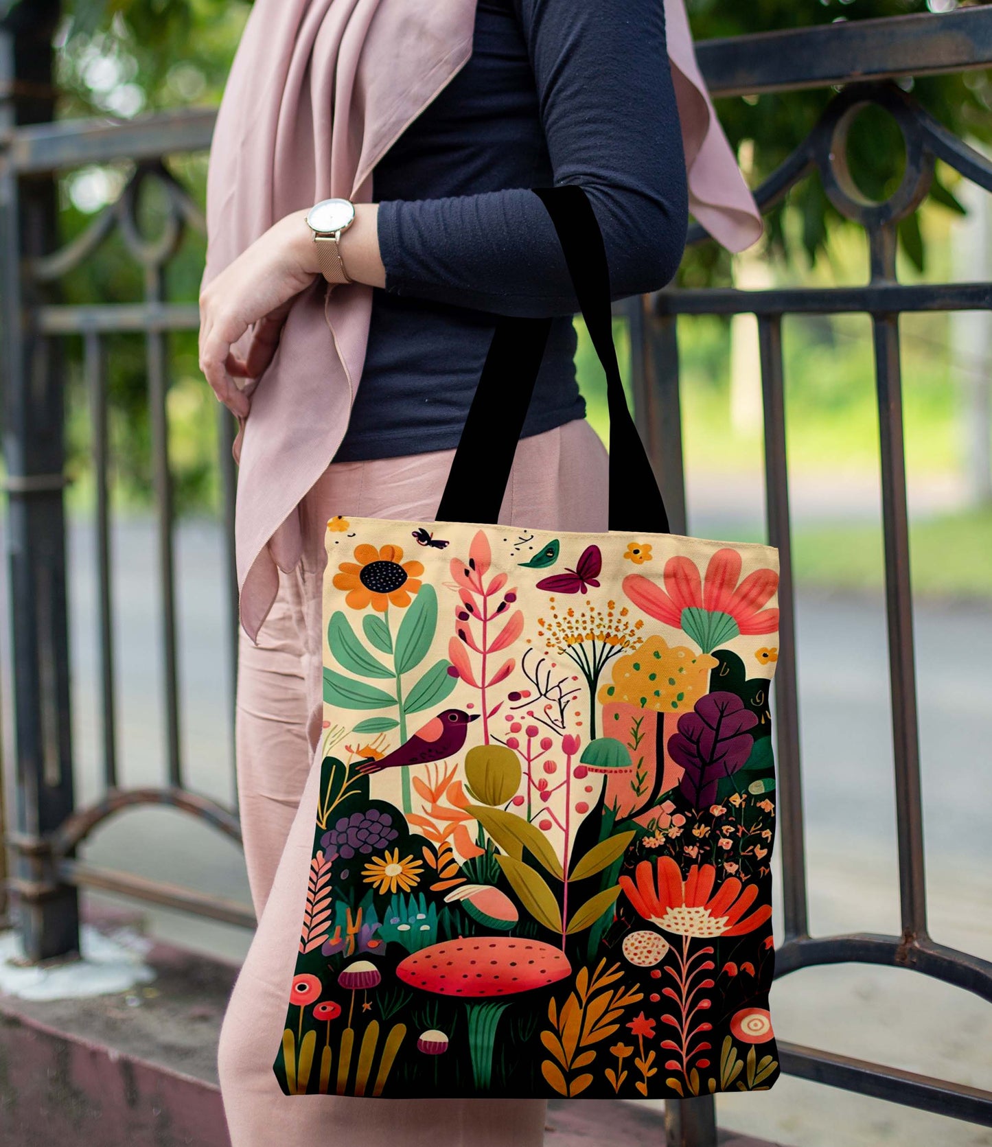 Beautiful Flowers Black Handle Tote Bag (14 X 16 Inches) For Shopping, College, Travel