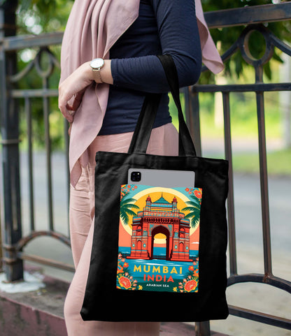 Mumbai India Design Printed Black With Pocket Tote Bag (14 X 16 Inches) For Shopping, College, Travel