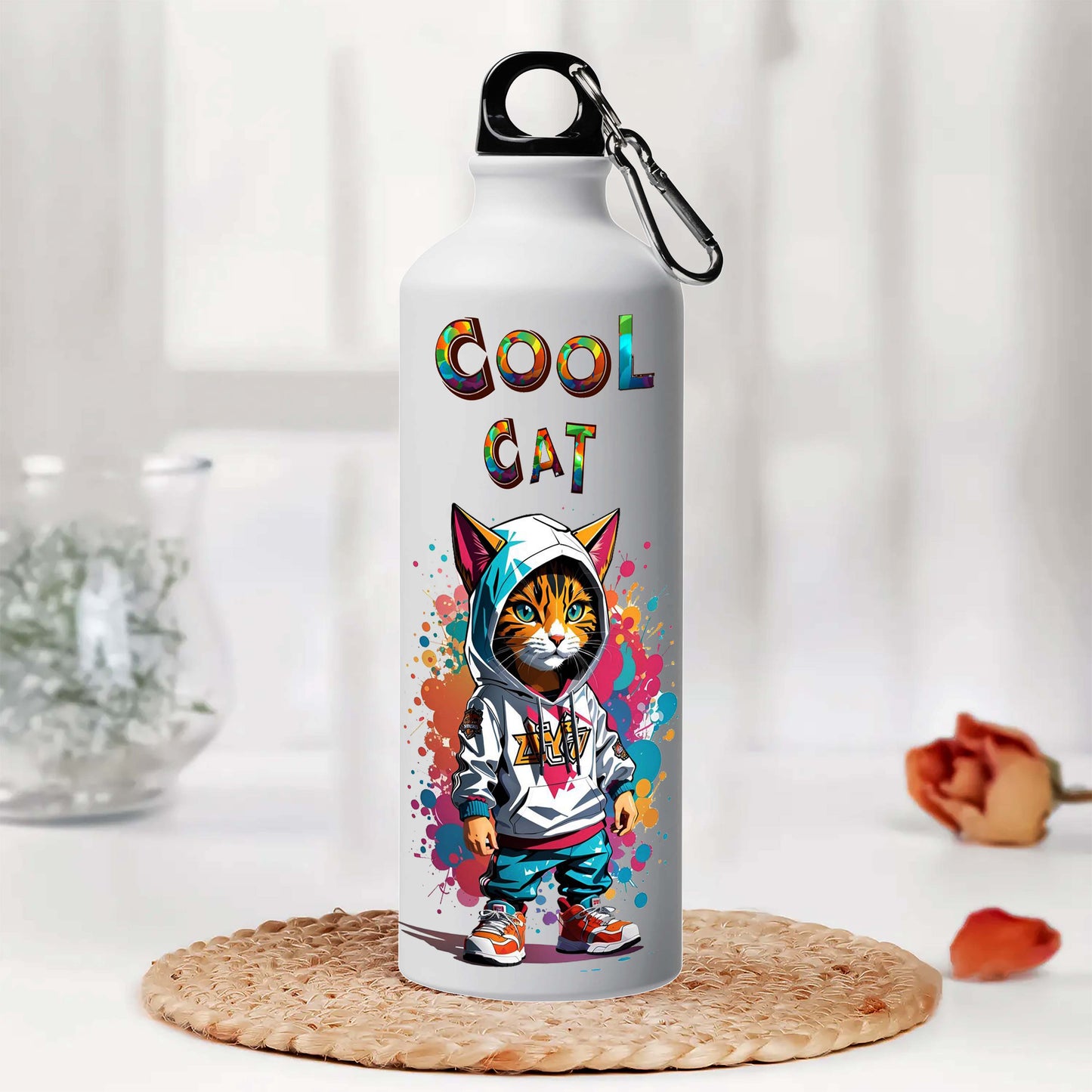 Cool Cat Printed Aluminum Sipper Water Bottle 750 ml For Gym, Yoga, Kids, Boys, Girls, Brother, Sister, Babies, Baby, Workout, Adults