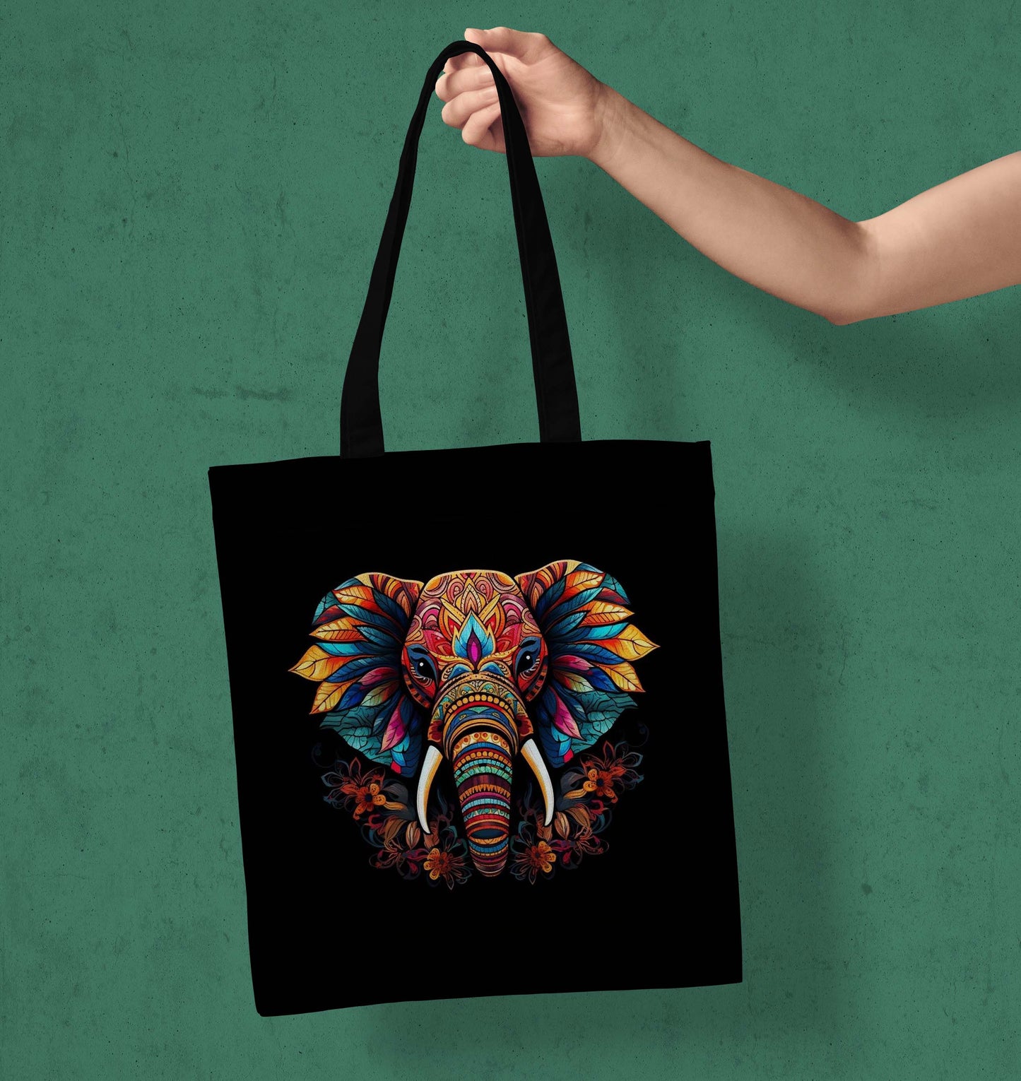 Colourful Elephant Printed Black Tote Bag (14 X 16 Inches) For Shopping, College, Travel