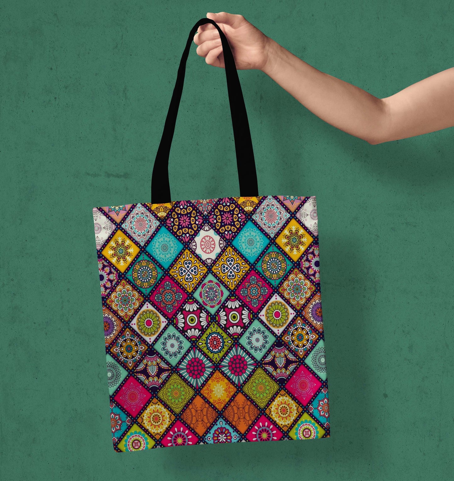 Mandala Design  Printed Black Handle Tote Bag (14 X 16 Inches) For Shopping, College, Travel