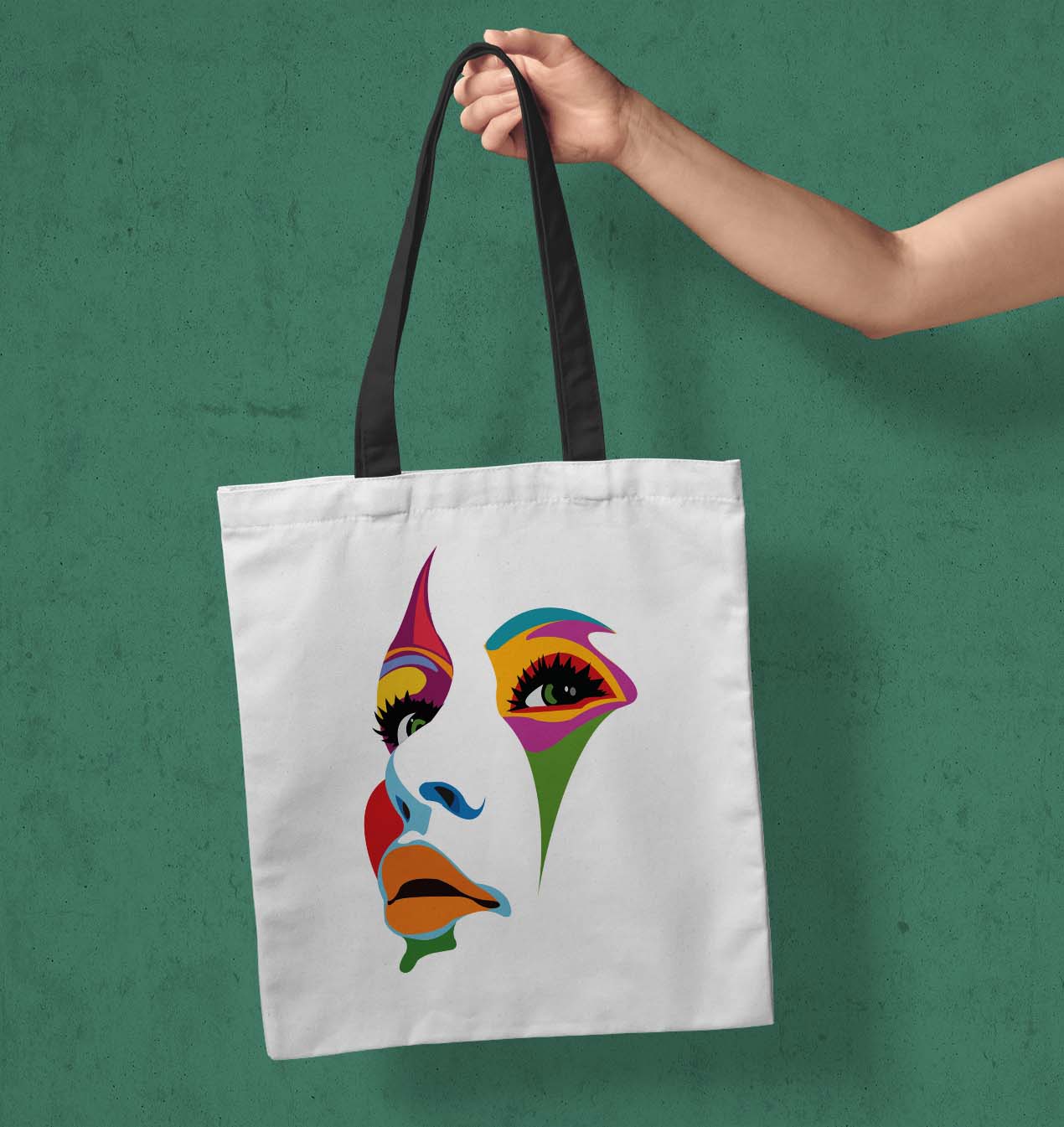Paint Girl Face Printed Black Handle Tote Bag (14 X 16 Inches) For Shopping, College, Travel
