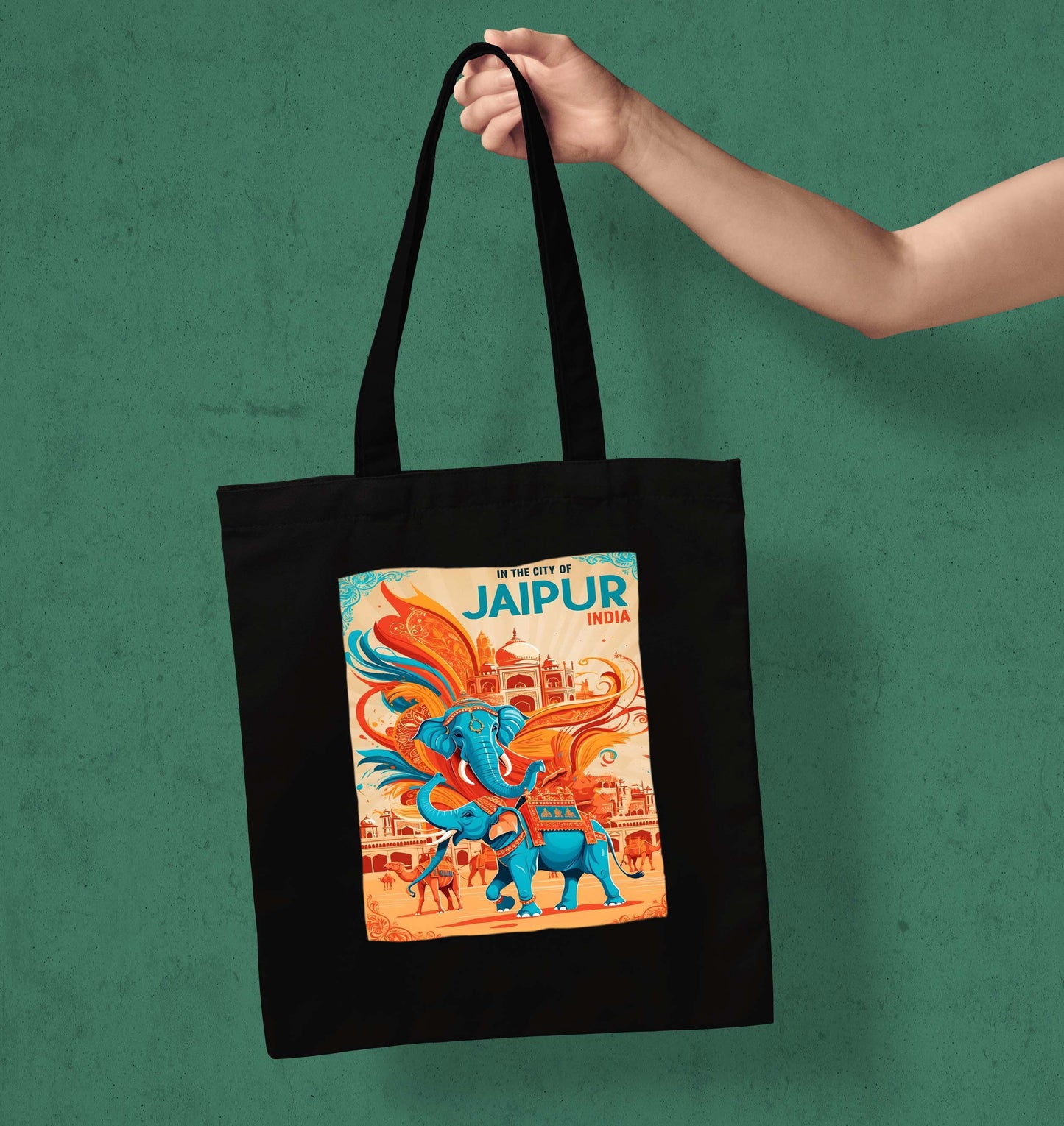 Jaipur India Design Printed Black With Pocket Tote Bag (14 X 16 Inches) For Shopping, College, Travel