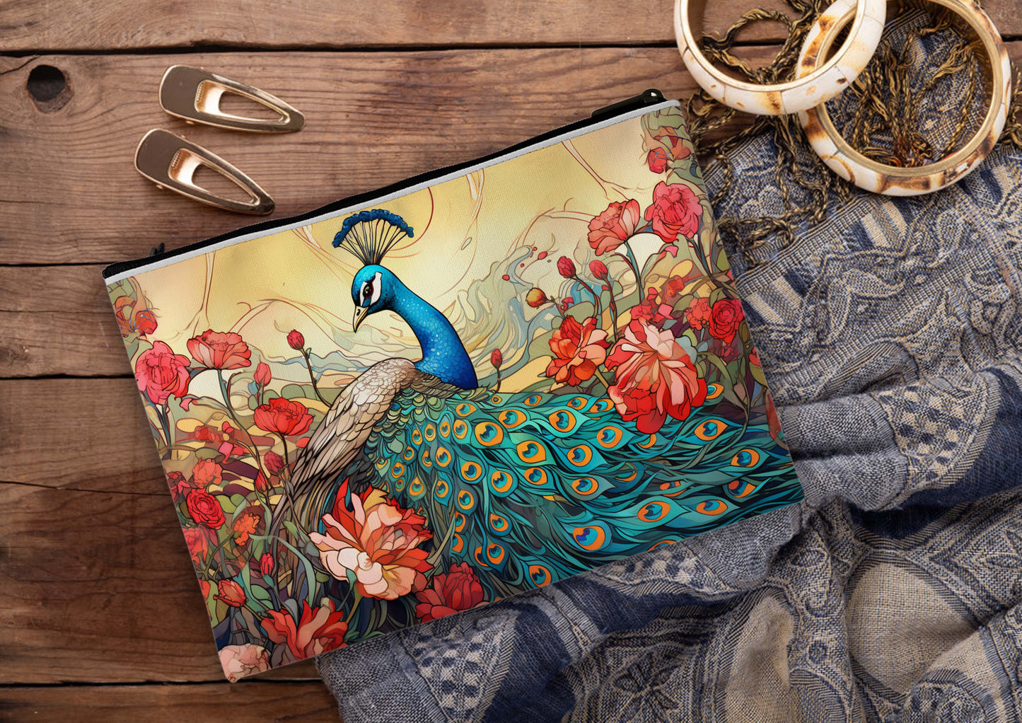 Peacock Printed Design Tote Bag with Pouch Bag (14 X 16 Inches) For Shopping, College, Travel