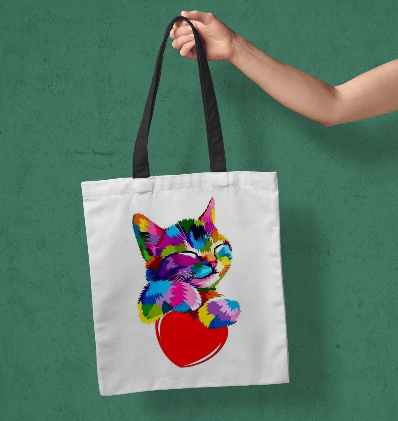 Paint Cat With Heart Printed Black Handle Tote Bag (14 X 16 Inches) For Shopping, College, Travel