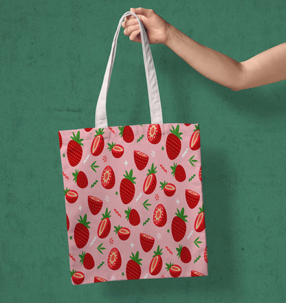 Strawberry White Printed Tote Bag (14 X 16 Inches) For Shopping, College, Travel