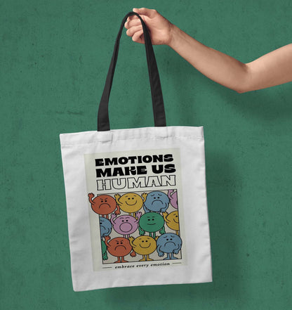 Emotion makes us Human Printed Black Handle Tote Bag (14 X 16 Inches) For Shopping, College, Travel