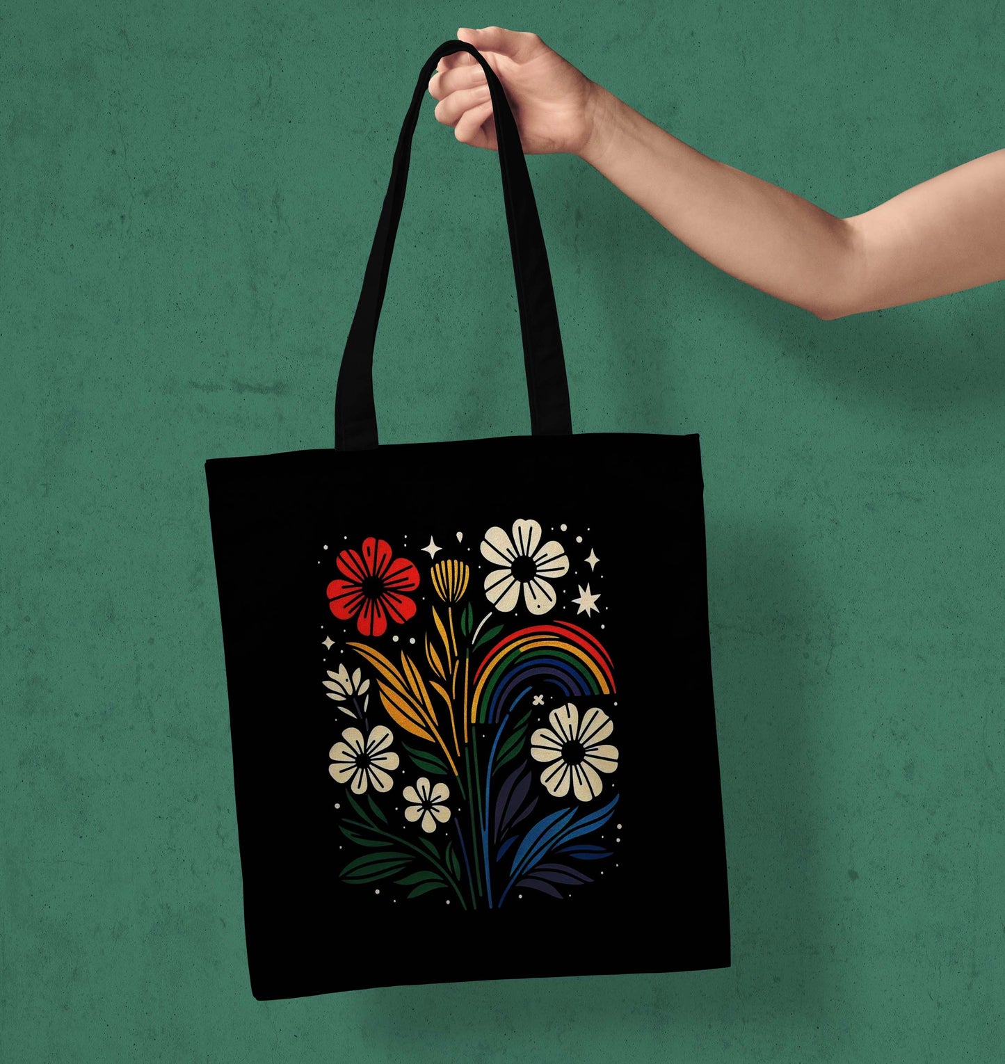 Colourful Flower Printed Black Tote Bag (14 X 16 Inches) For Shopping, College, Travel