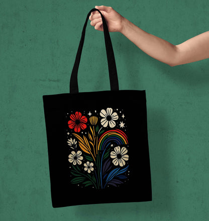 Colourful Flower Printed Black Tote Bag (14 X 16 Inches) For Shopping, College, Travel