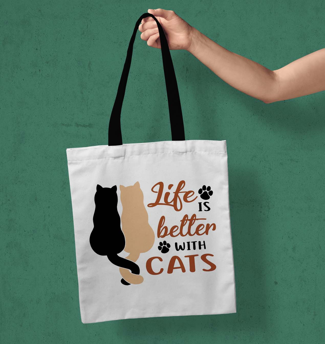 Life is Better with cats Printed Black Handle Tote Bag (14 X 16 Inches) For Shopping, College, Travel