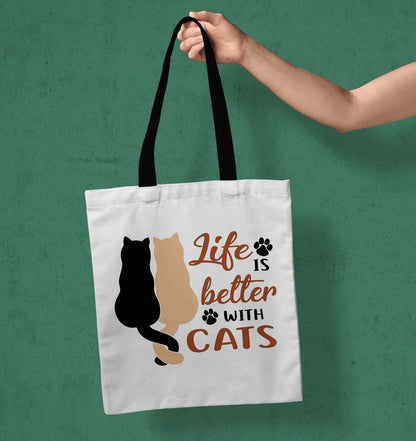 Life is Better with cats Printed Black Handle Tote Bag (14 X 16 Inches) For Shopping, College, Travel