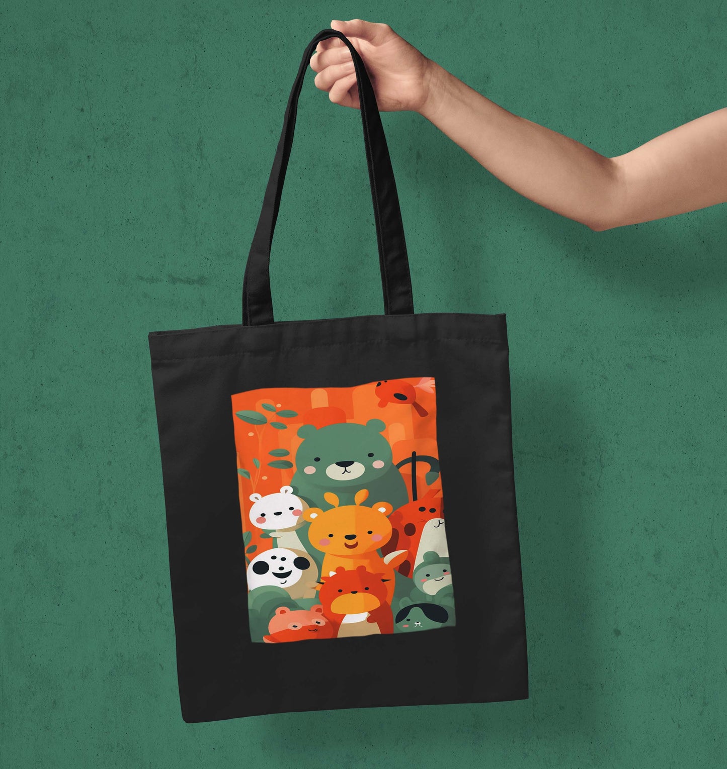 Cute Bear Design Printed Black Patch With Pocket Tote Bag (14 X 16 Inches) For Shopping, College, Travel