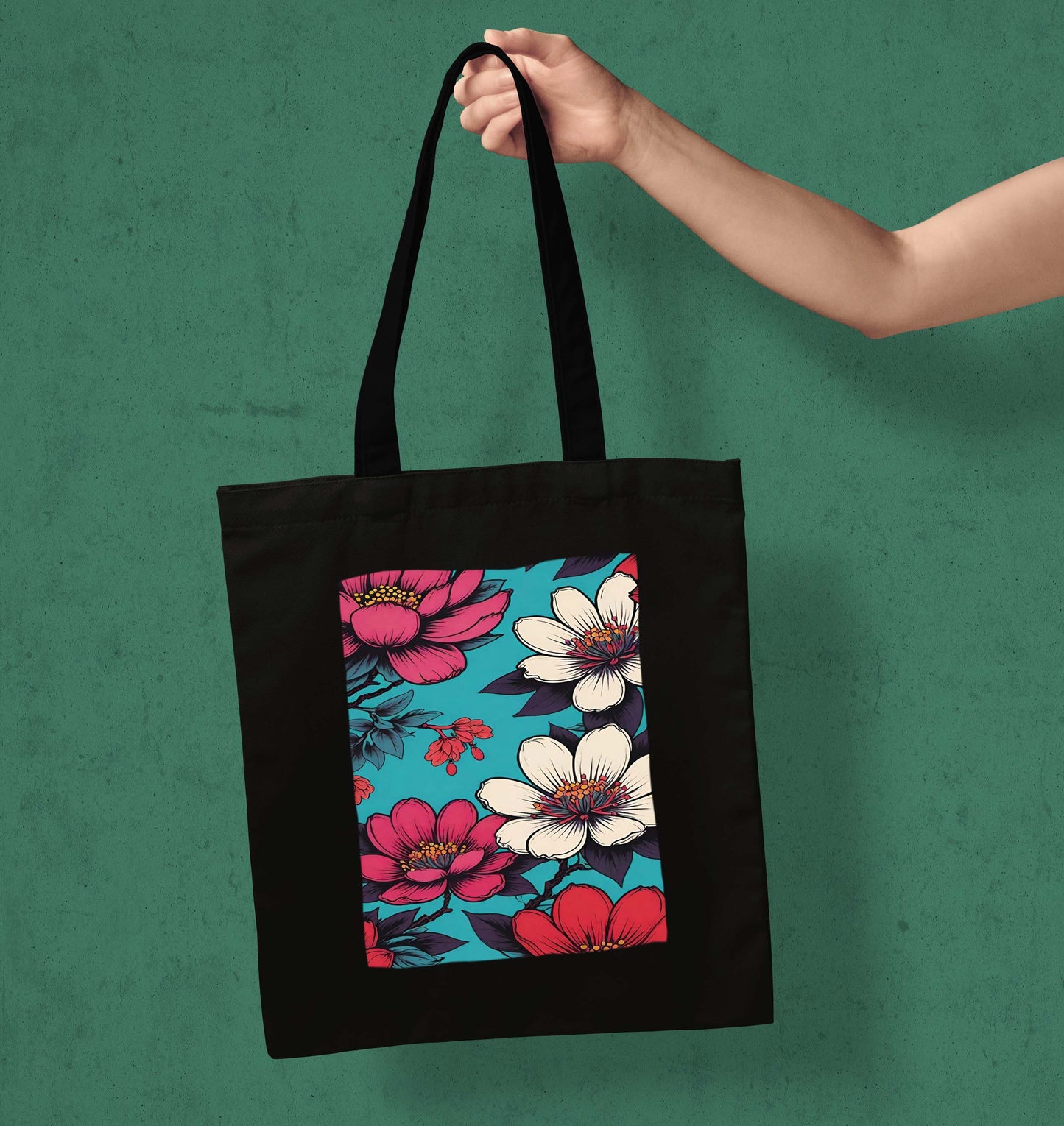 Flower 2 Design Printed Black With Pocket Tote Bag (14 X 16 Inches) For Shopping, College, Travel