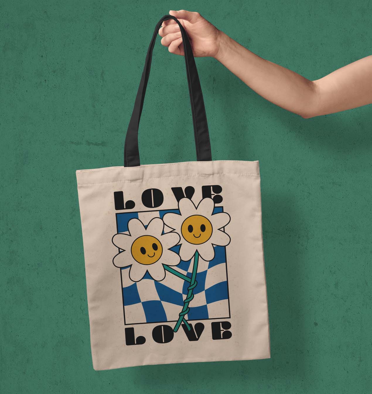 Love Flower Printed Black Handle Tote Bag (14 X 16 Inches) For Shopping, College, Travel