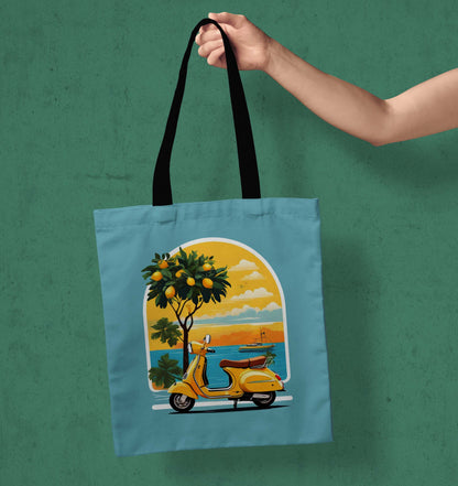 Scooter Design Printed Black Handle Tote Bag (14 X 16 Inches) For Shopping, College, Travel