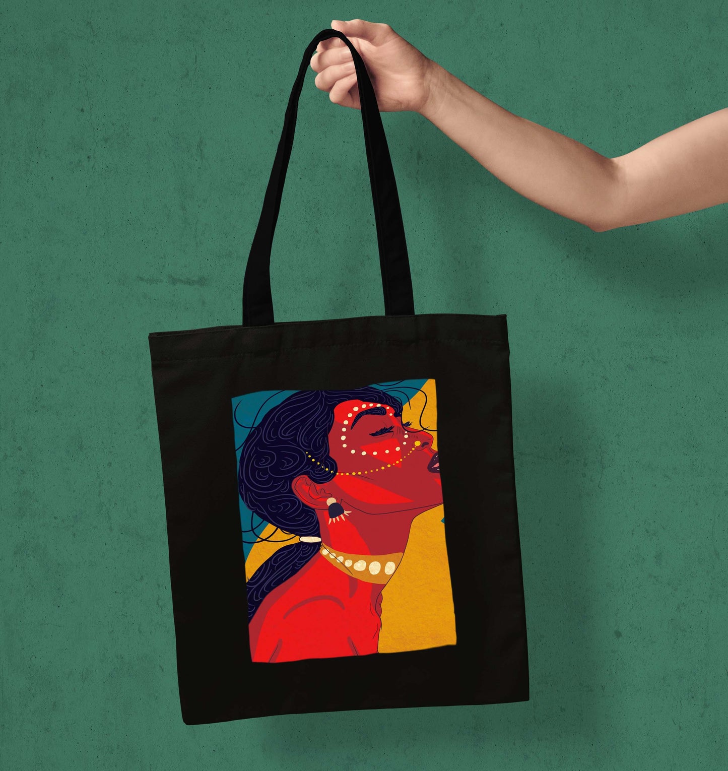 Abstract Woman Design Printed Black With Pocket Tote Bag (14 X 16 Inches) For Shopping, College, Travel
