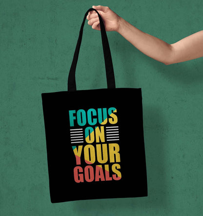 Focus On Yur Goal Printed Black Tote Bag (14 X 16 Inches) For Shopping, College, Travel