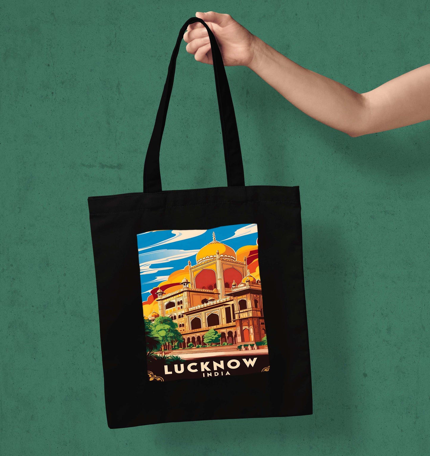 Lucknow India Design Printed Black With Pocket Tote Bag (14 X 16 Inches) For Shopping, College, Travel