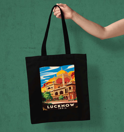 Lucknow India Design Printed Black With Pocket Tote Bag (14 X 16 Inches) For Shopping, College, Travel