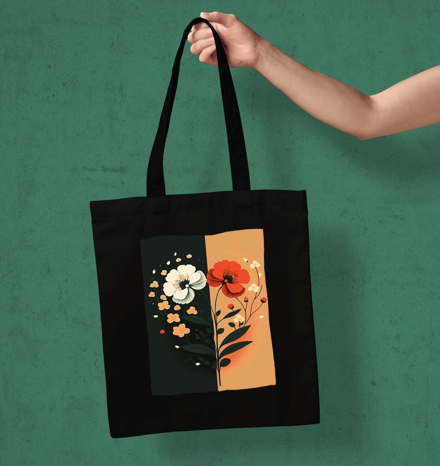 Flower Art 2 Design Printed Black With Pocket Tote Bag (14 X 16 Inches) For Shopping, College, Travel