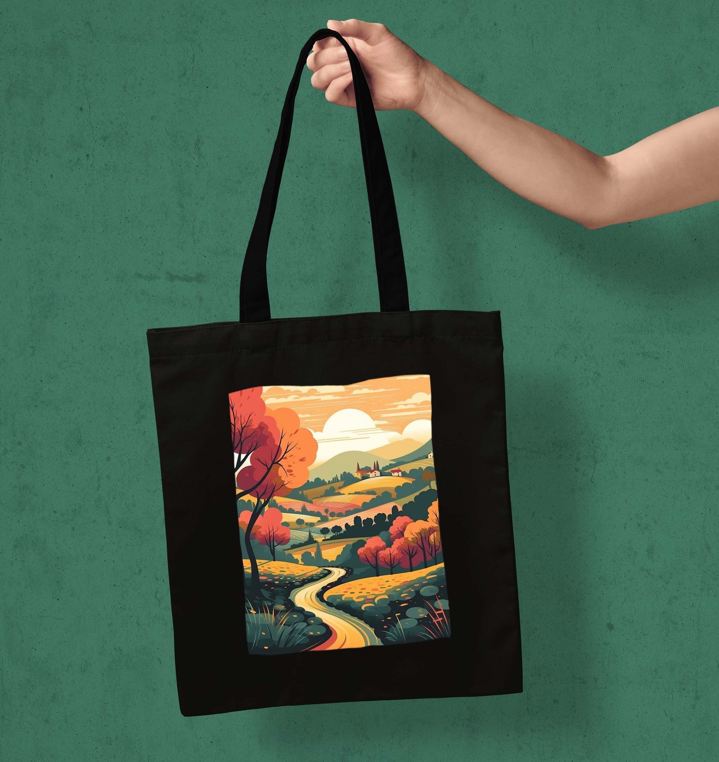 Sunset Design Printed Black With Pocket Tote Bag (14 X 16 Inches) For Shopping, College, Travel