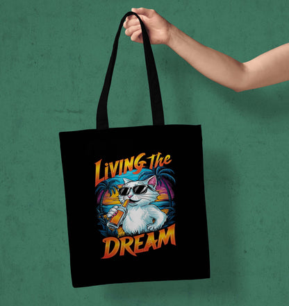 Living The Dreams Printed Black Tote Bag (14 X 16 Inches) For Shopping, College, Travel