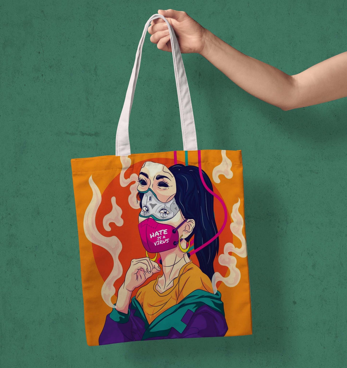 Facemask Girl White Printed Tote Bag (14 X 16 Inches) For Shopping, College, Travel