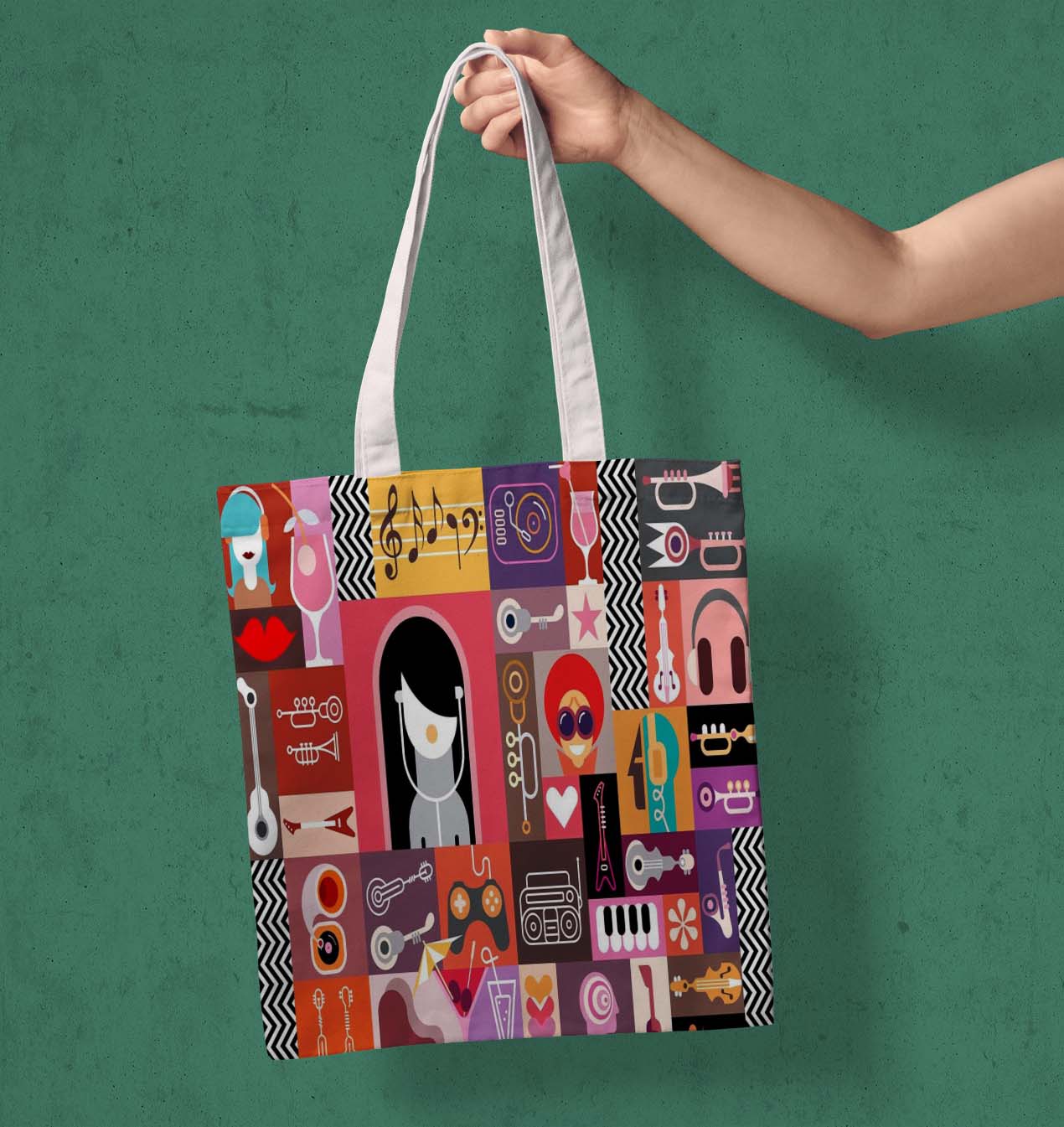 Abstract Music White Printed Tote Bag (14 X 16 Inches) For Shopping, College, Travel