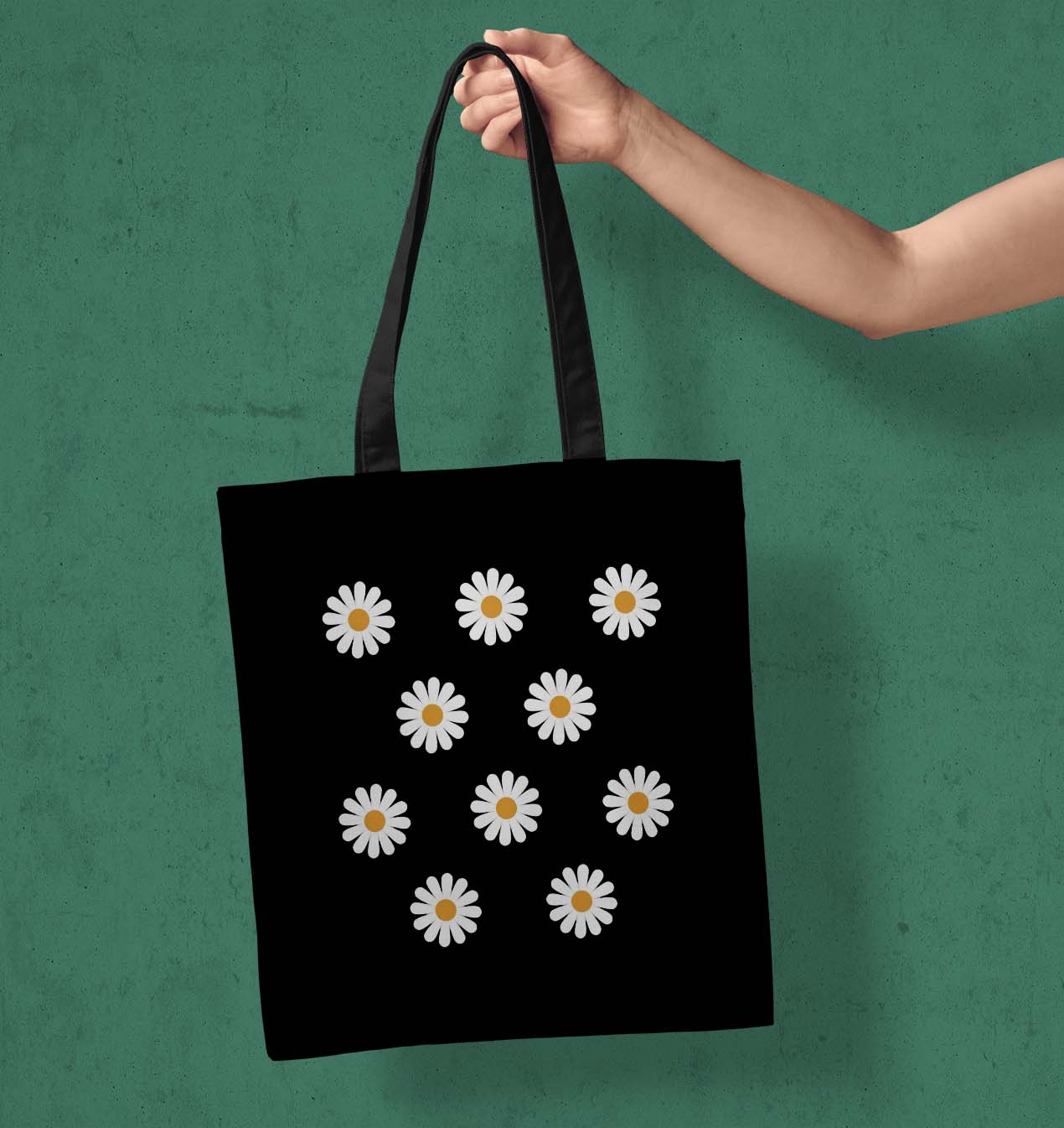 White Flower Printed Black Tote Bag (14 X 16 Inches) For Shopping, College, Travel