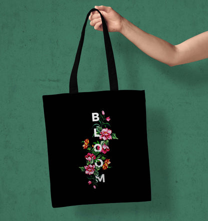 Bloom Printed Black Tote Bag (14 X 16 Inches) For Shopping, College, Travel