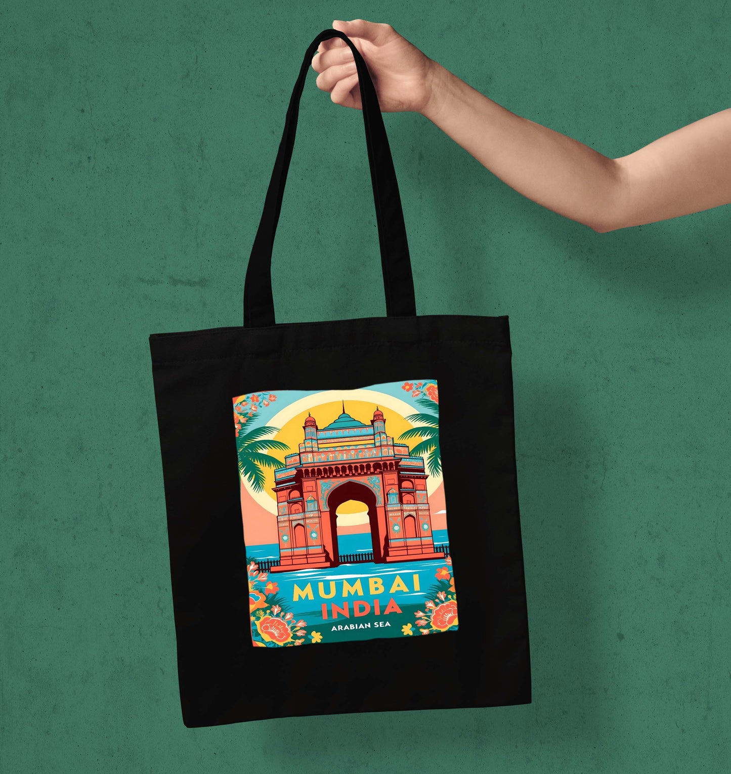 Mumbai India Design Printed Black With Pocket Tote Bag (14 X 16 Inches) For Shopping, College, Travel