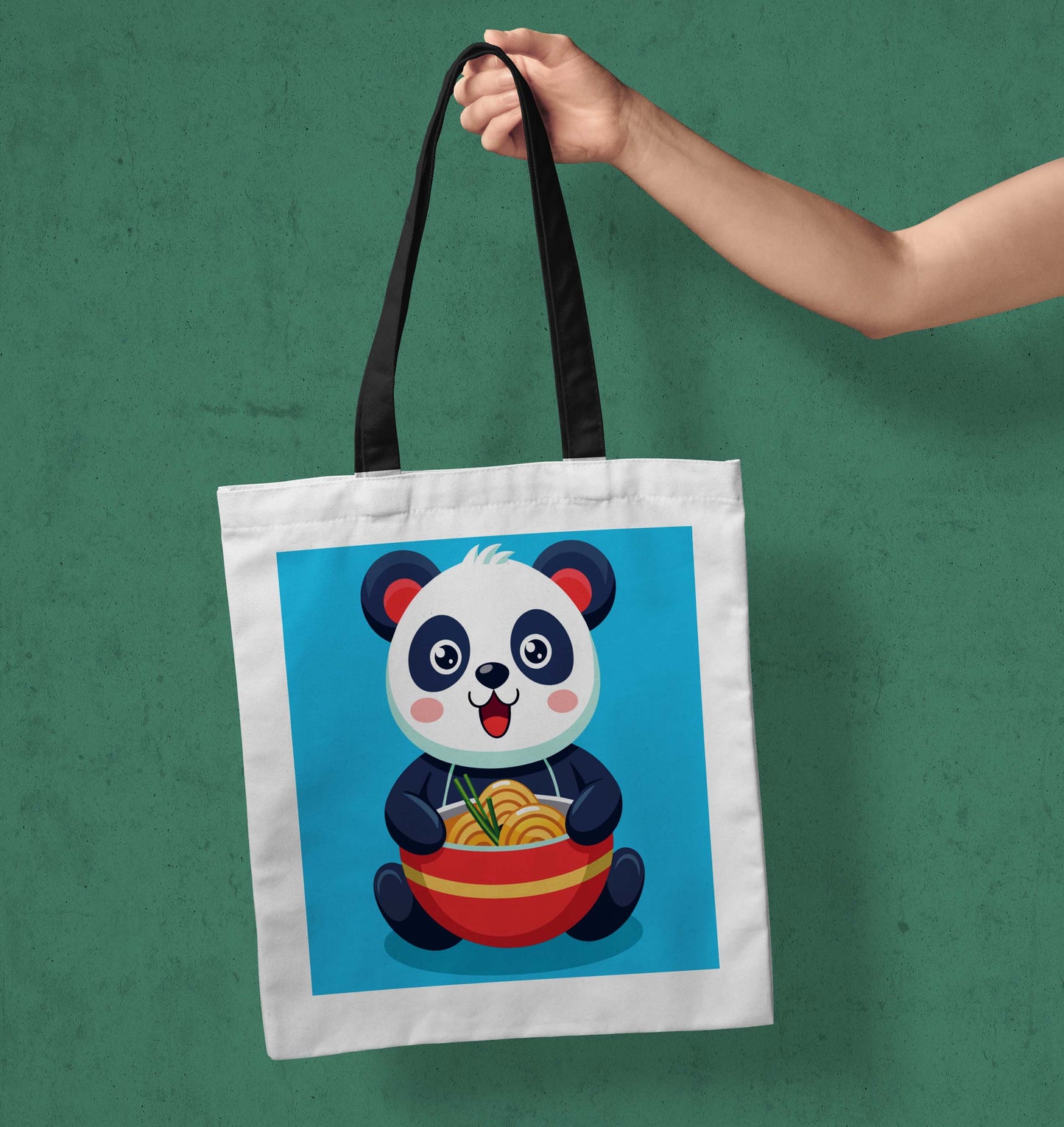 Eating Panda Printed Black Handle Tote Bag (14 X 16 Inches) For Shopping, College, Travel
